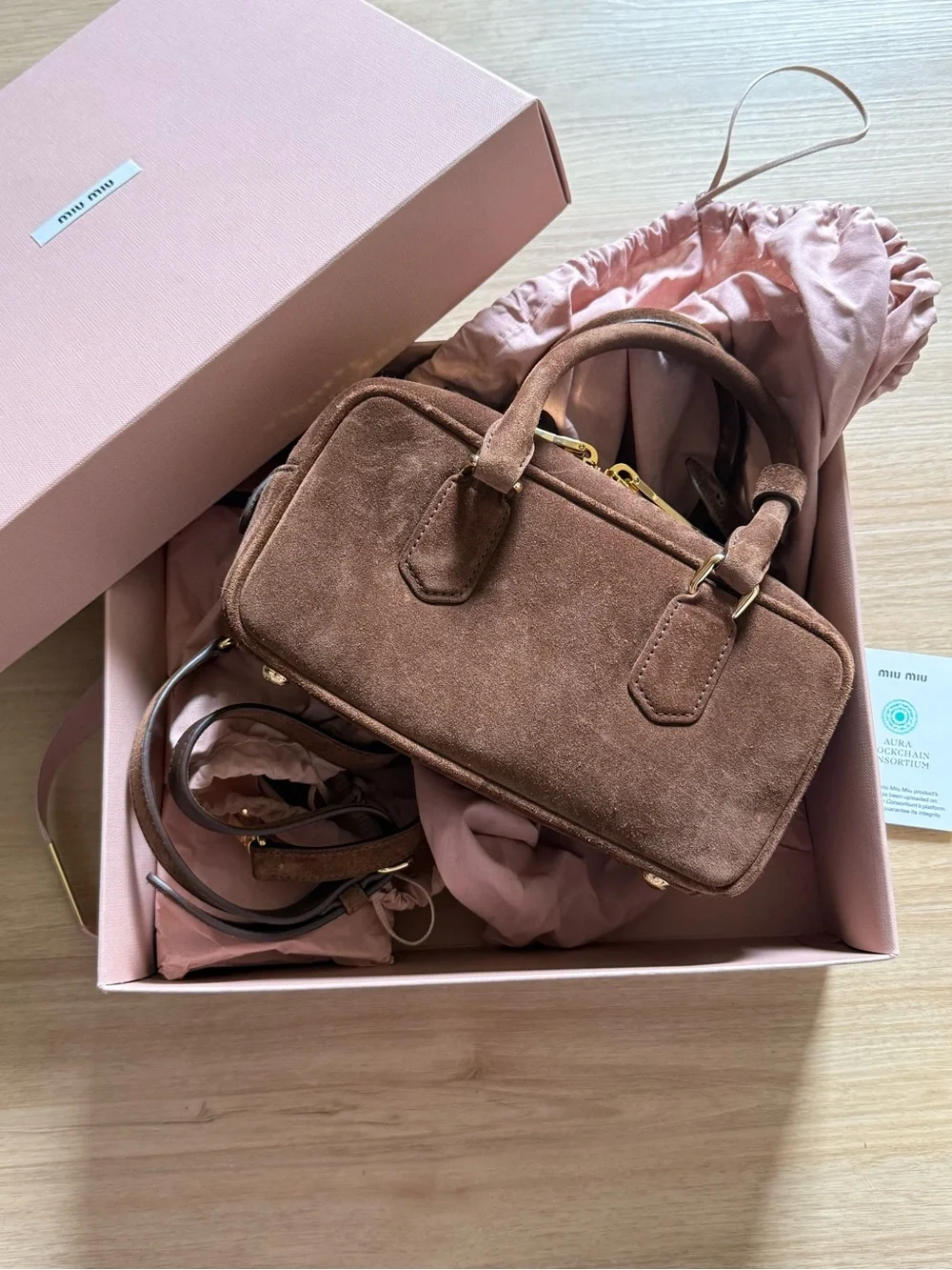 Miu Miu Brown Suede Top-Handle Satchel with Detachable Strap (brand new 1 stain) - Picture 3 of 5